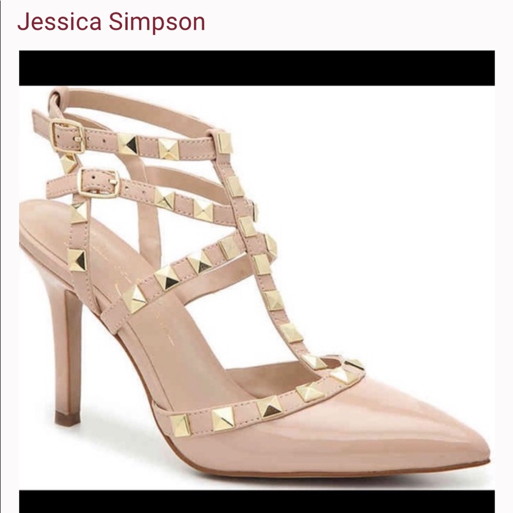 Jessica Simpson Nude Patent Pyramid-Stud T-Strap Heels